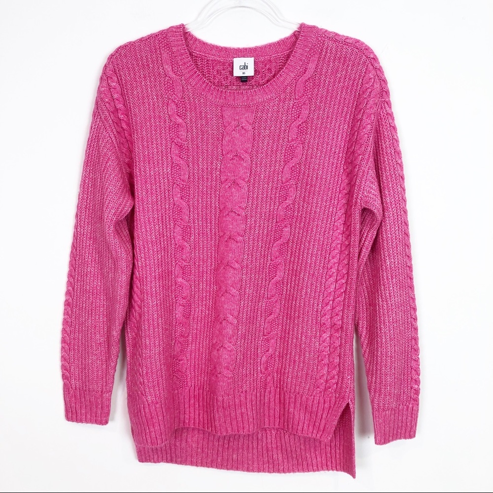 CABI PINK CABLE KNIT LONG SLEEVE ELSA PULLOVER SWEATER